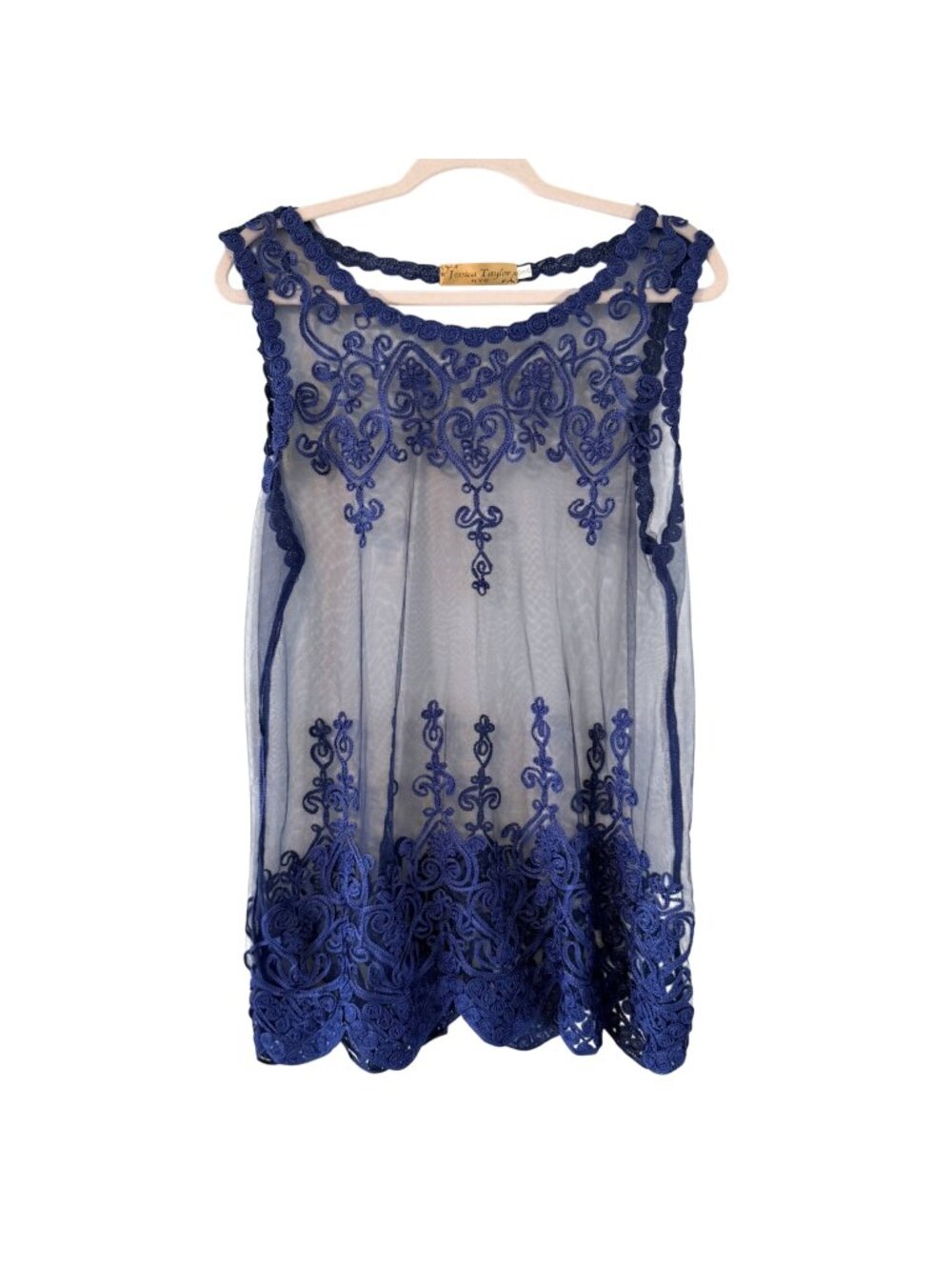 Jessica Taylor Blue Sheer Lace Embroidered Sleeveless Tunic Top  Ones Sz  Top